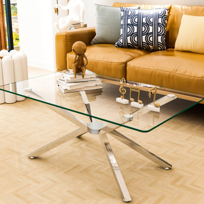 Table basse rectangulaire en verre trempé transparent de 101,6 cm (40,02 po), de haute qualité, avec pattes en métal argenté. Parfait pour les espaces de travail de bureau. Facile à nettoyer et au design performant.