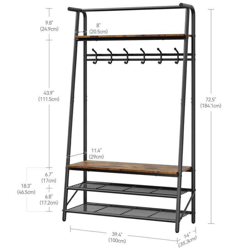 Coat Rack, Hall Tree with Bench and Shoe Storage, Entryway Bench with Coat Rack, 6 Hooks and 3 Tier Shoe Storage, Metal Frame for Entryway, Hallway, Front Door, Rustic Brown