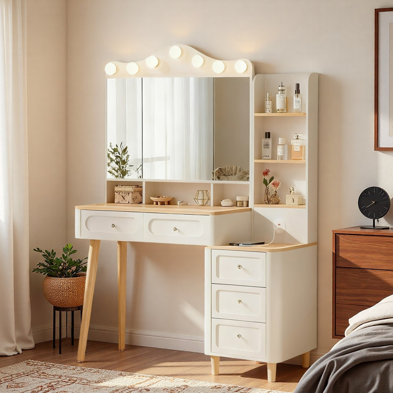 Bureau de meuble-lavabo avec miroir à trois côtés pliable 3 couleurs d'éclairage, 2 barres d'alimentation USB et 5 tiroirs