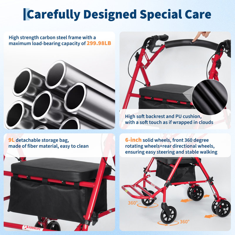 Walkers for Seniors Rollator Walkers with Seat, 300lb Capacity 8'' All Terrain Wheels, Adjustable Handles Foldable Design