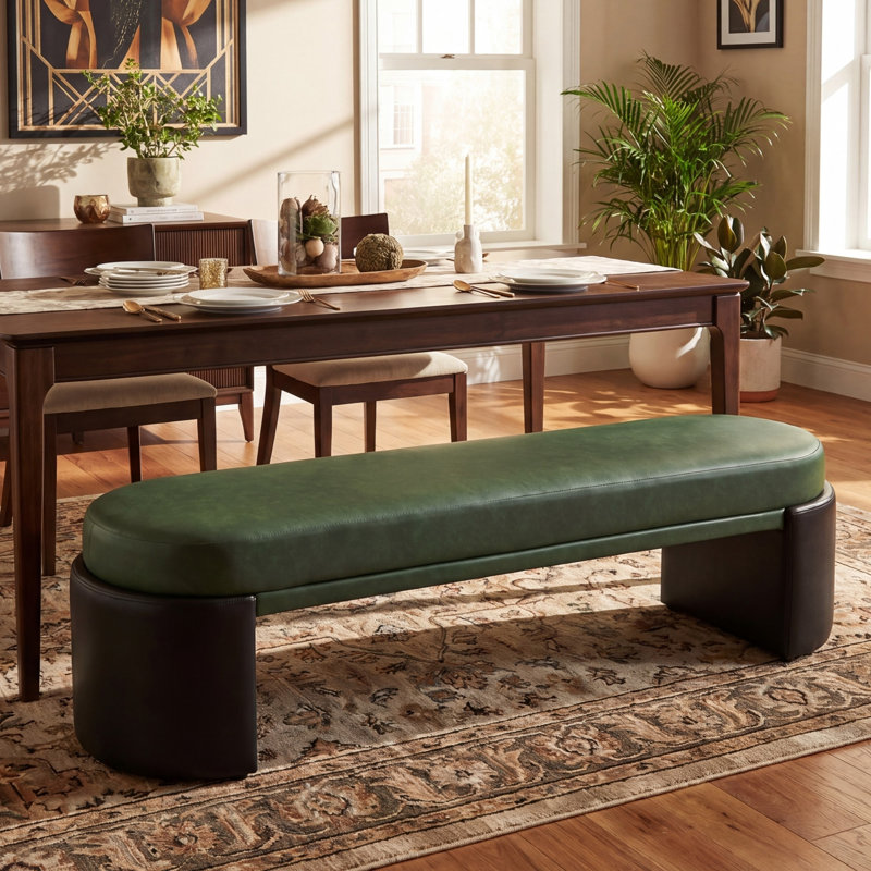 Banc de salle à manger d'intérieur rembourré en PU vert et noir, structure en caoutchouc et contreplaqué, 160 cm de long, banc d'appoint moderne, capacité de 113 kg