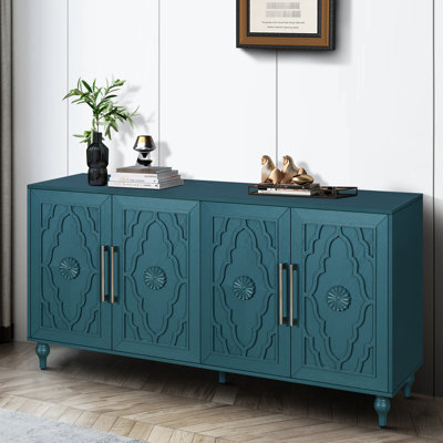 Grande armoire avec poignée en métal et portes magnifiquement fleuries - rangement bleu marine pratique pour l'entrée