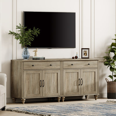 Farmhouse TV Stand For 75 Inch TV With 4 Doors And 2 Drawers, Wood Universal TV Stand With Storage Cabinets, Entertainment Center TV Console Table For Living Room, Bedroom, Wash Grey