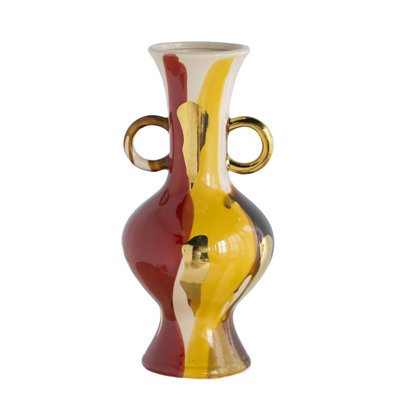 Round Ceramic Vase with Abstract Multicolored Finish and Small Handles