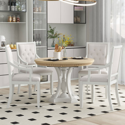 Retro 5-piece dining set extendable round table and 4 chairs,round table top with leaf,dining table set,dining room set Bowlds