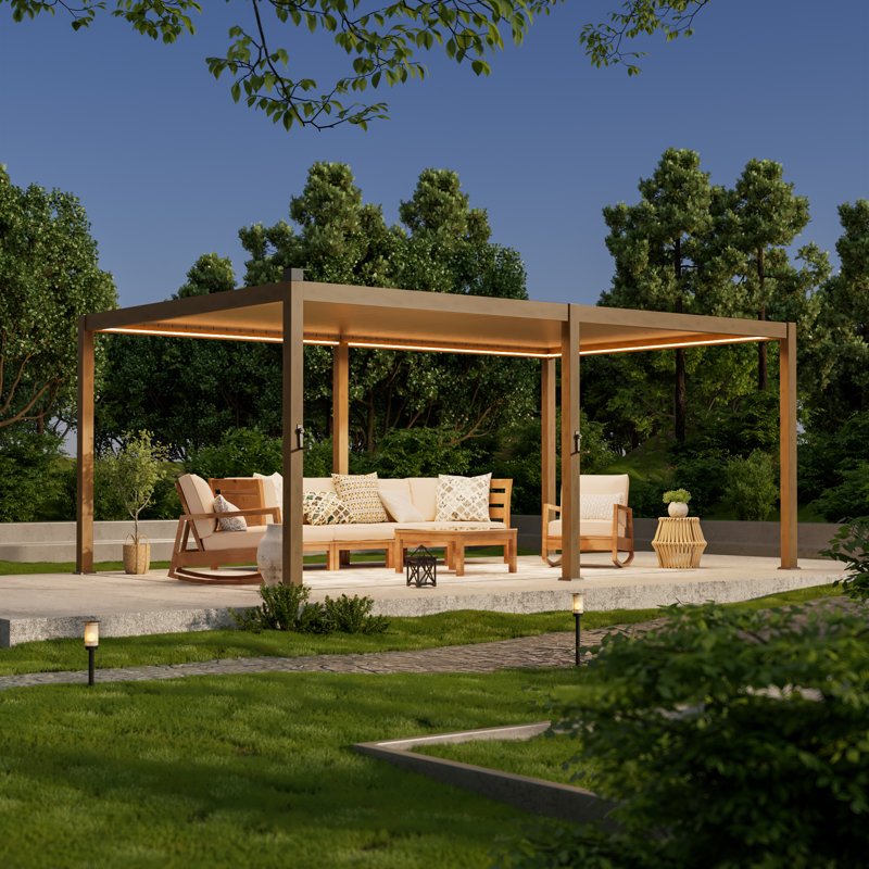 Patio Louvered Aluminum Pergola with Solar LED, Wood Texture, 12 Ft. x 20 Ft.	