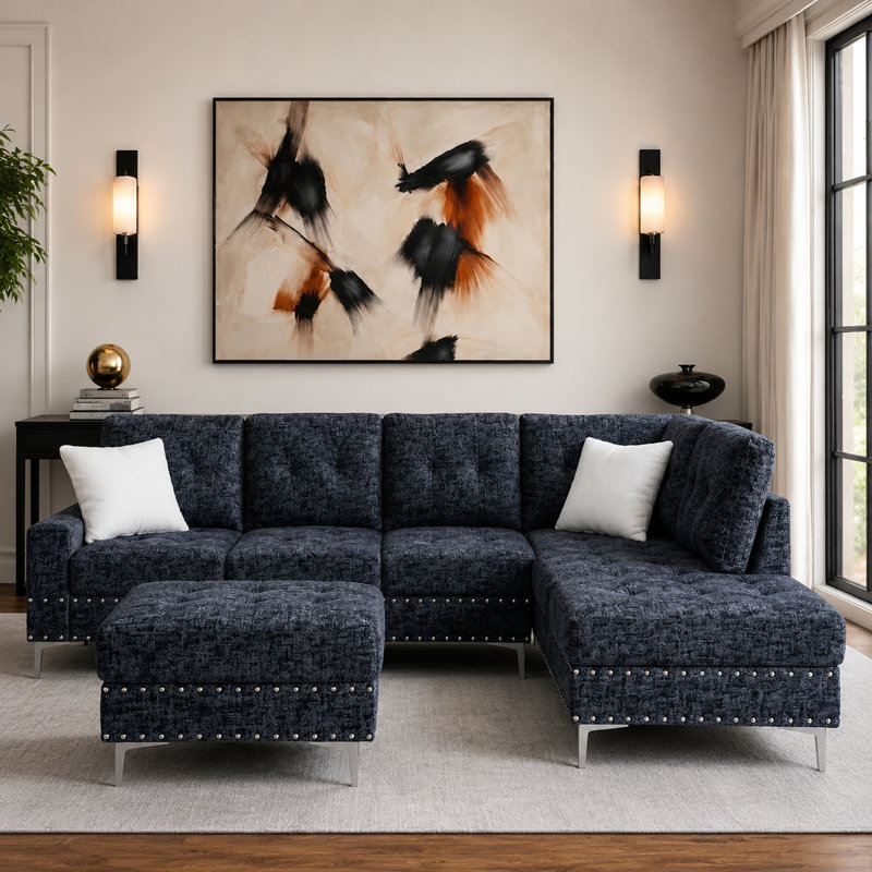 102" L-Shaped 4-Seat Chenille Sectional Sofa with Chaise & Storage Ottoman,  Metal Legs with Copper Nail Trim, Navy Blue