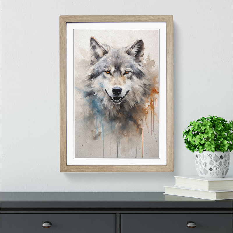 Wolf Gestural No.2 - Single Picture Frame Print on Wood, 46cm H x 34cm W x 2cm D, Oak