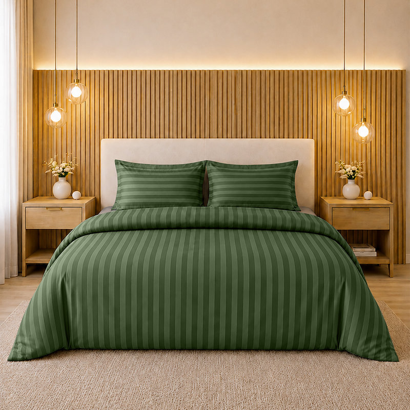 Microfiber Striped Duvet Cover Set with Pillowcases Included, Olive Green Striped