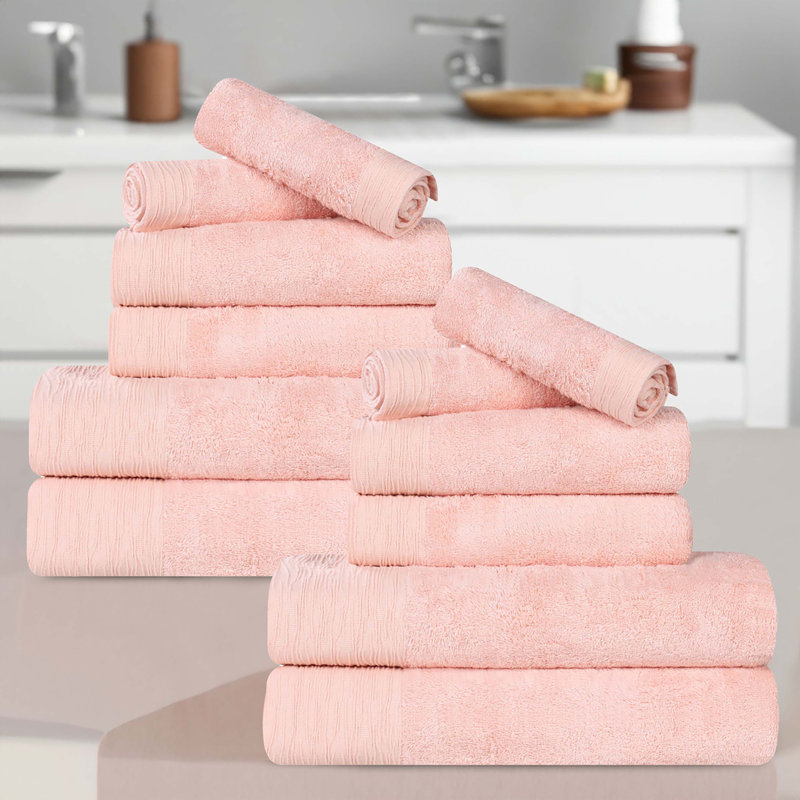 Rayon From Bamboo Cotton Blend Eco-Friendly Hypoallergenic Soft Solid Towel Set, 12 Piece Towel Set, Pink