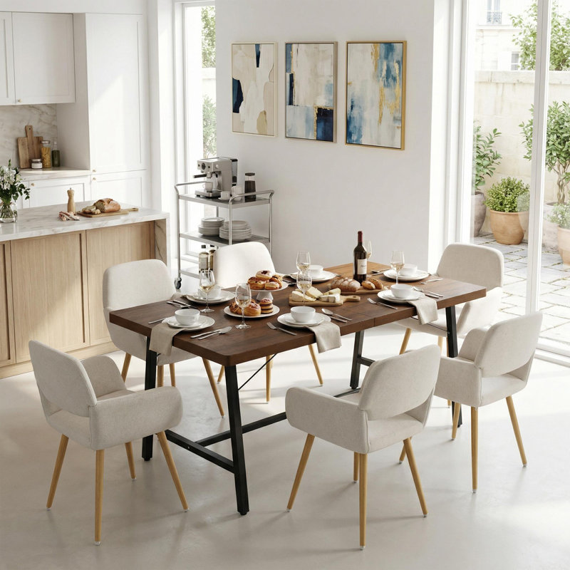 Ensemble de table de salle à manger 7 pièces 7 pièces avec accoudoirs rembourrés, 7 Pieces: Table, 6 Chairs, Beige