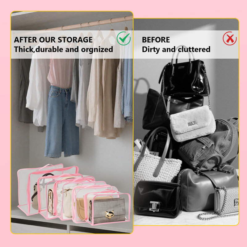 5 Pack Clear Dust Bags For Handbags,5-Sizes Purse Storage Organizers,Purse Protector Storage Bag With Zipper And Handle For Closet, Hanging Dust Cover Bag For Handbag
