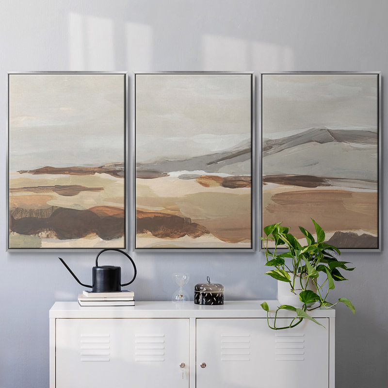 «Dusky Mountain I», peinture sur toile 3 pièces, Encadrement argenté, H 36 po x l 75 po