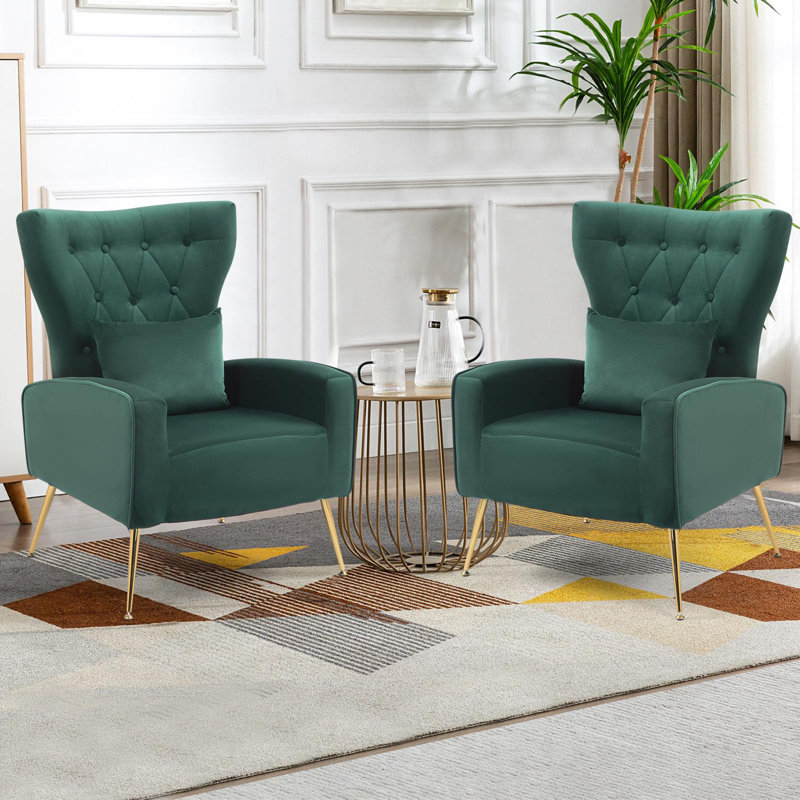 Green Velvet Wingback Accent Chair with Gold Metal Legs