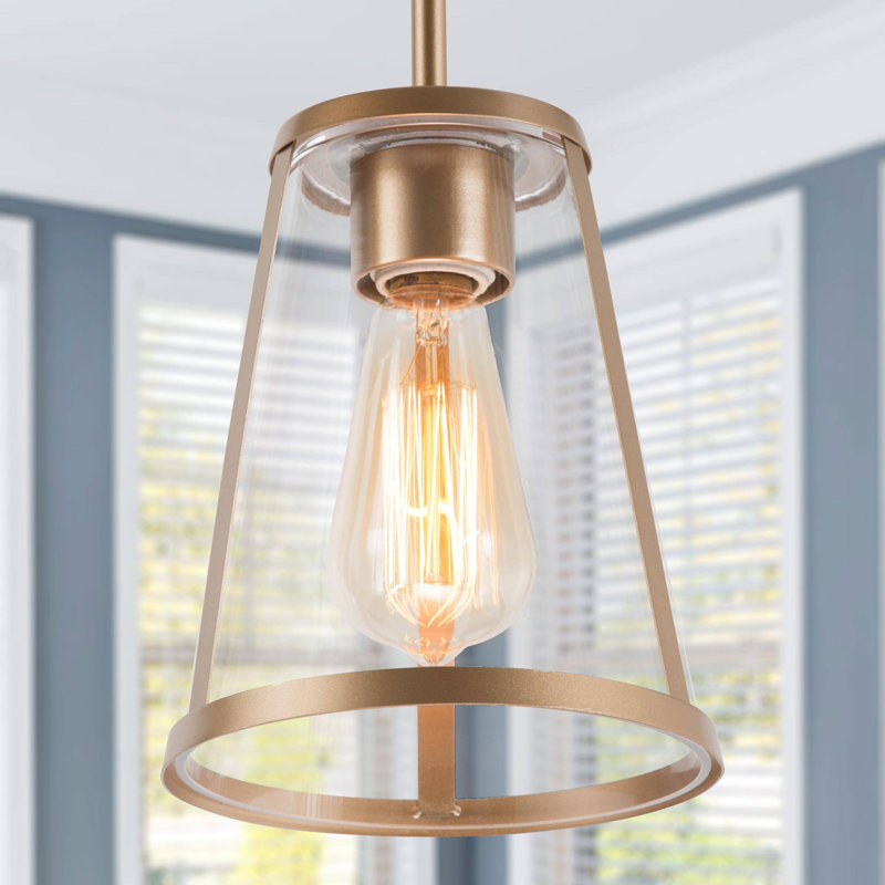 Luminaire suspendu cylindrique doré unique à 1 lumière avec accents en verre