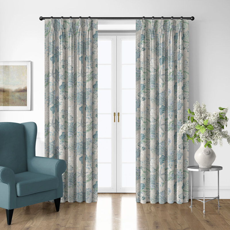 Under The Sea  Ocean Cotton Pinch Pleat Drapery Panel Set of 2, 40" W  x 108" L