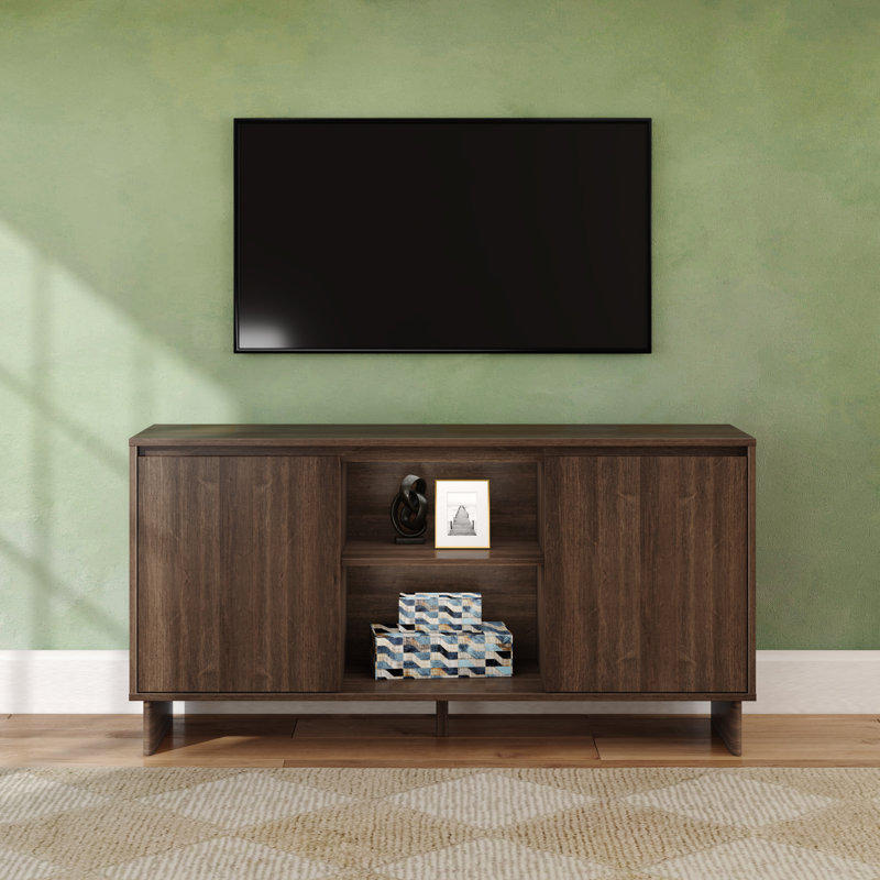 Meuble télé / buffet moderne 2 portes avec tablette centrale (59 x 16 x 30 po), noyer, H 30 po x L 59 po x l 16 po, Noyer