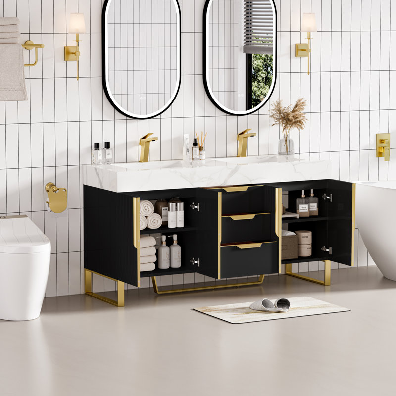 Aro 59" Double Sink Freestanding Bathroom Vanity Drawers & Doors Faux Marble Top, Brown
