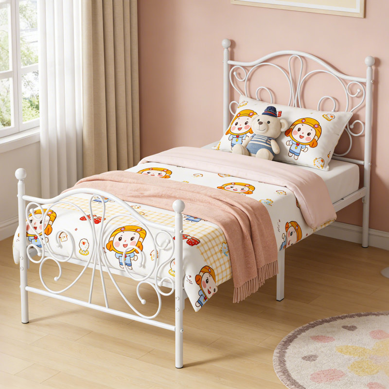 Twin Size Platform Bed Frame with Unique Butterfly-Shaped Headboard and Footboard, White