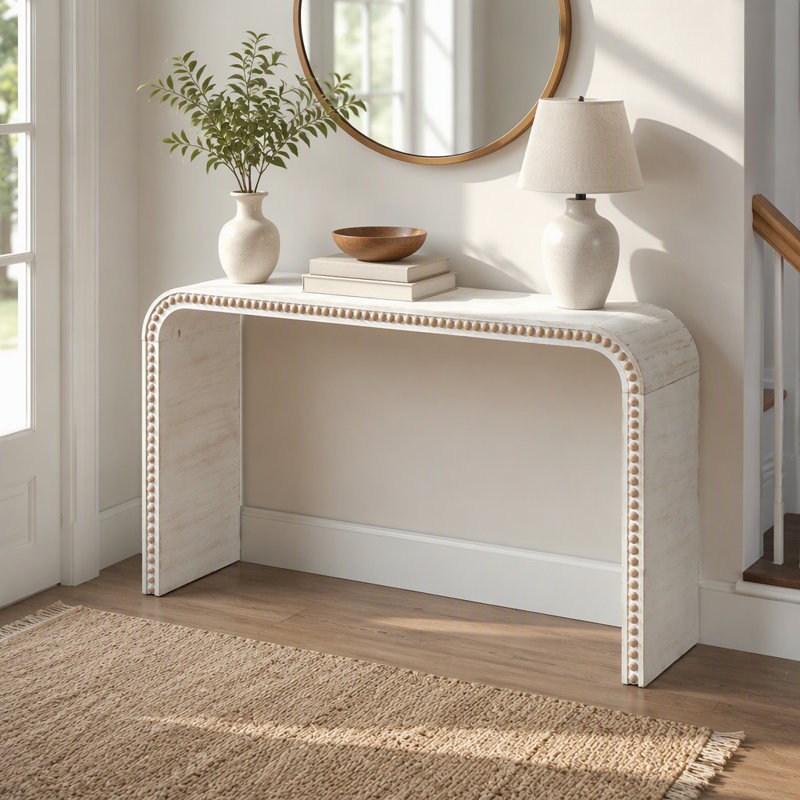 Console blanc délavé, table d'entrée de 59 po, table de style cascade courbée, console avec perles en bois, table d'entrée pour vestibule, couloir, salon, vestibule, couloir, bureau