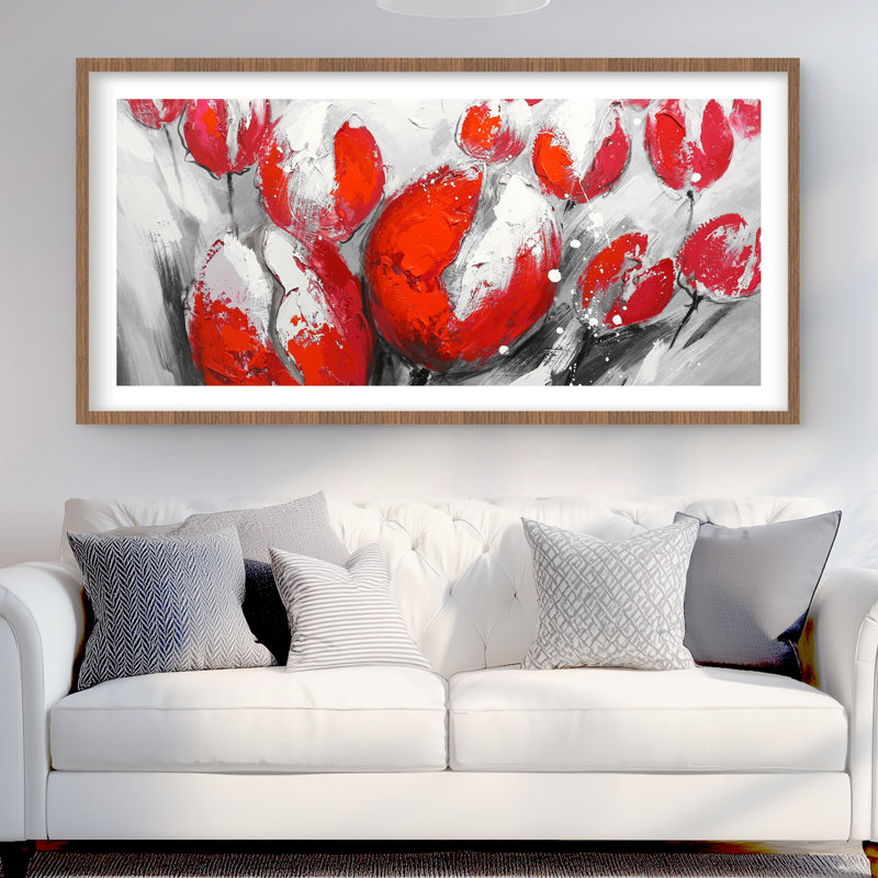 Tulipes rouges - impression florale romantique encadrée pour la décoration intérieure, Brun, H 24 po x l 48 po