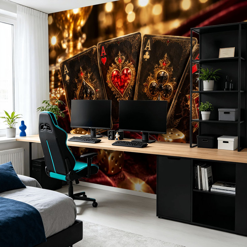 Papier peint mural autocollant moderne à motif de cartes à jouer de casino, symboles royaux, couleurs riches, pour chambre ou salon. Dimensions : 254 cm (L) x 366 cm (l).