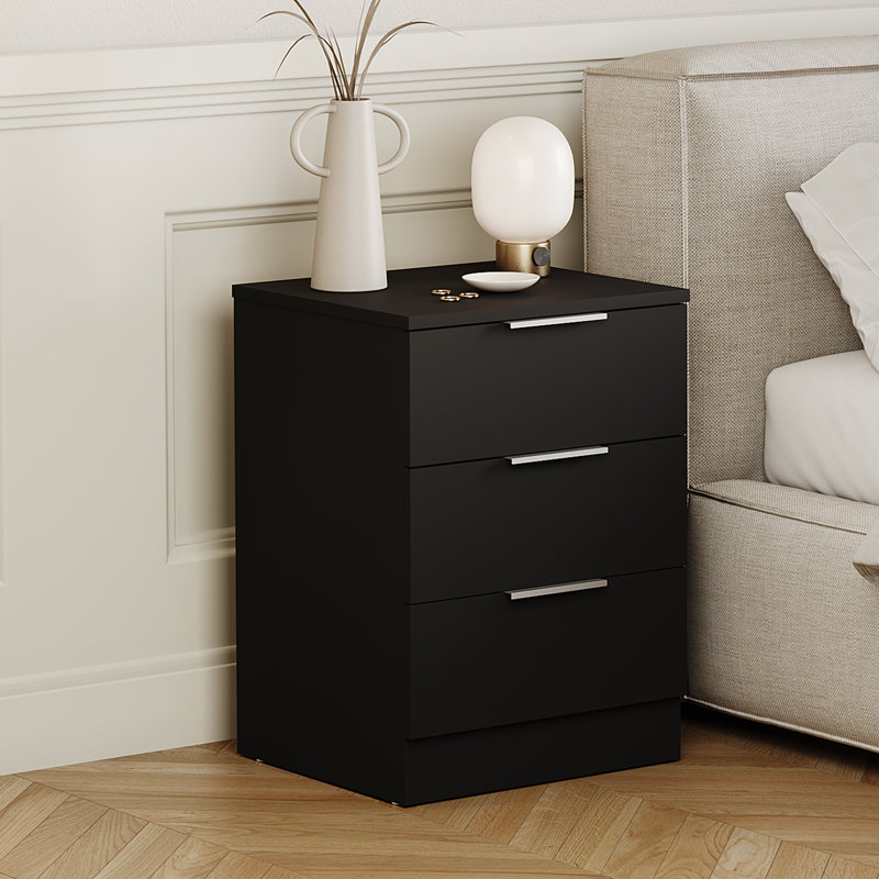 Tanishi 3 Drawer Bedside Chest Modern Bedroom Nightstand, Black