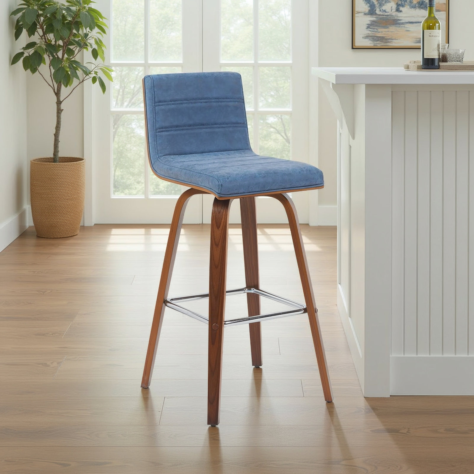 Biance Swivel Bar Stool, Bar Stool (30" Seat Height), Walnut, Vintage Blue Performance Faux Leather