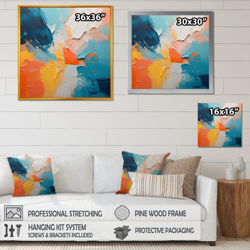 «Blue and Orange Paint Abstract Expression 3», art mural abstrait, H 30 po x l 30 po x P 1,5 po, Toile tendue