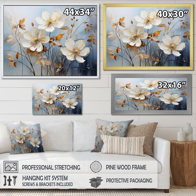 «Blue Mute Botanicals I», reproduction sur toile, H 12 po x l 20 po x P 1 po, Cadre simple blanc