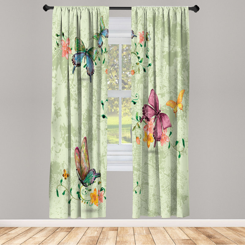 Microfiber Floral Semi-Sheer Rod Pocket Curtain Panels, 28" W x 84" L, Light Green/Violet