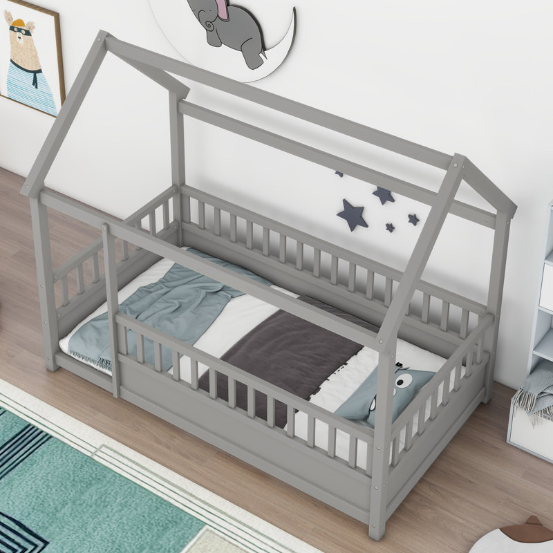 Twin Size Floor Wooden Bed With House Roof Frame, Fence Guardrails,Grey, Gray, Twin