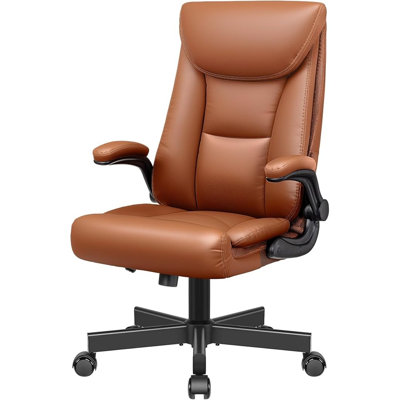Executive Office Chair, Leather Ergonomic Office Chair Big and Tall Home Office Desk Chairs with Adjustable Flip-Up Arms Lumbar Support Swivel Computer Chair with Rocking Function(Brown)