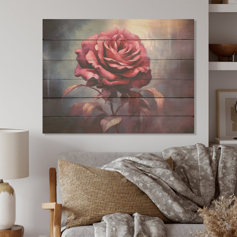 Rose rétro intemporelle - Art sur bois de pin naturel, H 24 po x l 32 po