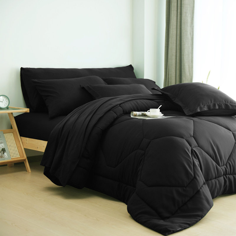 8 PCS Modern Comforter Set with Sheets All Season Bed in a Bag, King Comforter + 7 Additional Pieces, Black