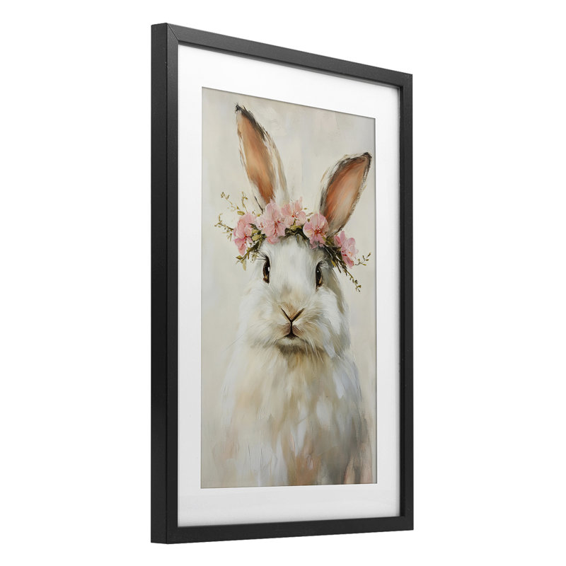 Bunnykins avec couronne rose, reproduction sous verre, conception de Tina LeCour, H 23 po x l 17 po, Cadre noir minuit