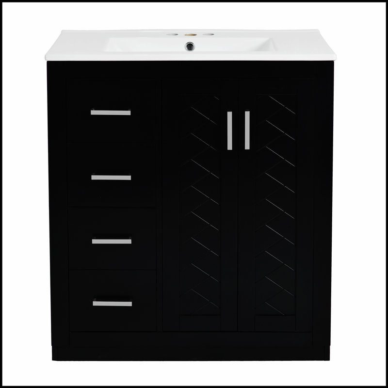 Meuble-lavabo de 30 po avec lavabo en céramique, structure en bois massif, armoire de rangement autoportante avec 3 tiroirs et portes à fermeture douce