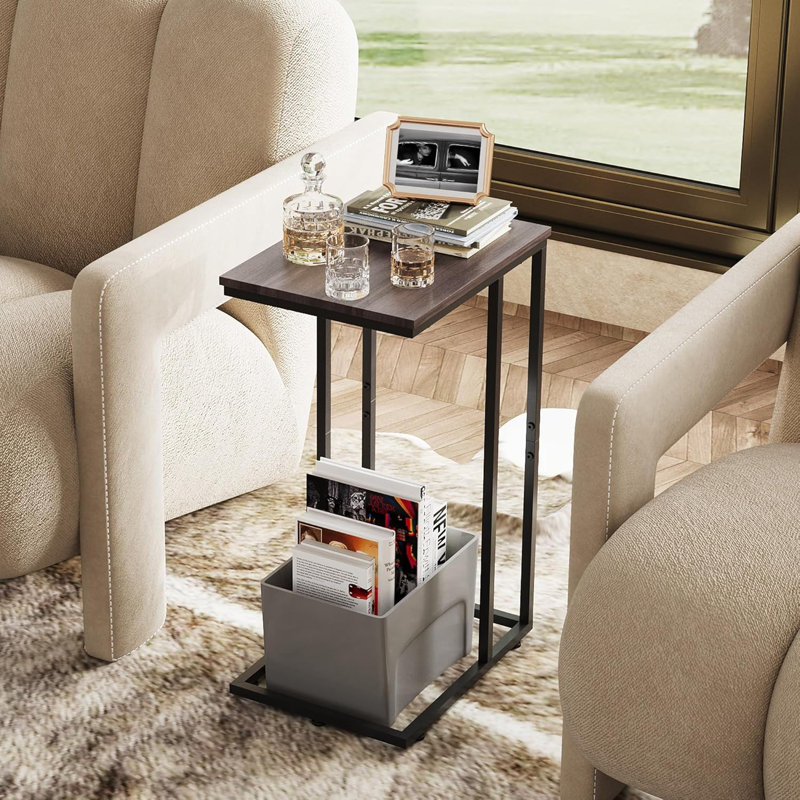 C-Table End Table with Solid Wood Top and Steel Base for Sofa, Bed Side  , Grey