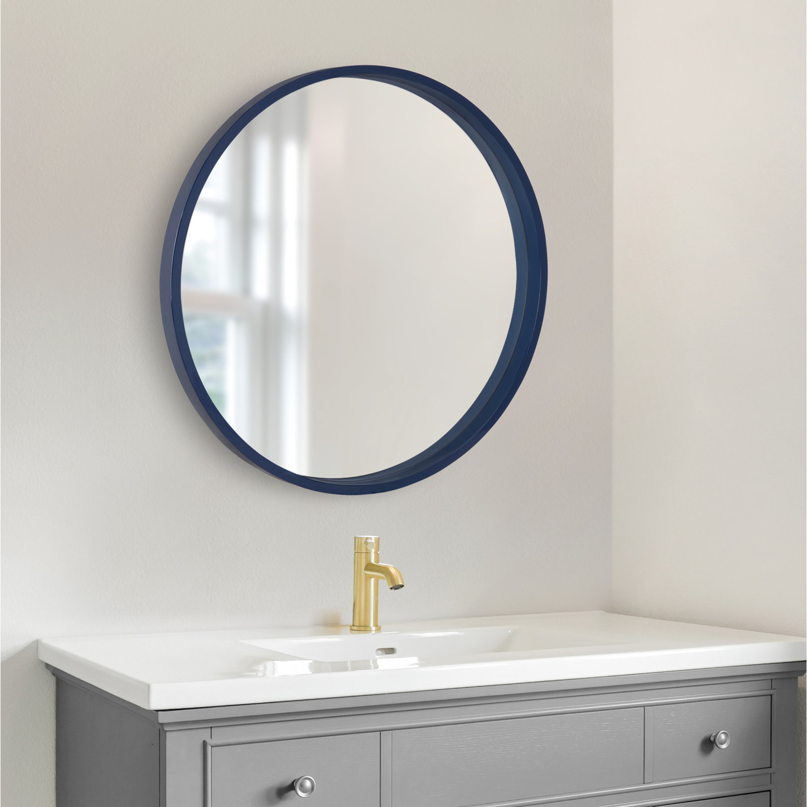 Arranjeet Modern Round Wall Mirror, 31.5" x 31.5", Navy Blue