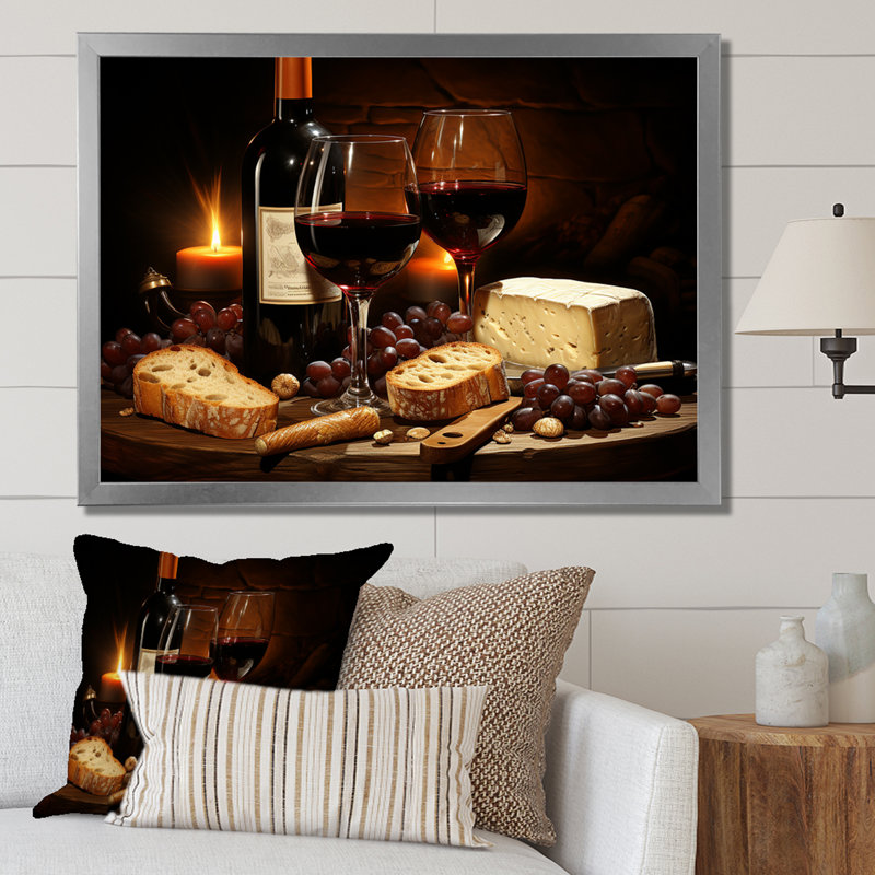 Cheese and Red Wine Charcuterie Board Radiance - Art mural vin, Cadre de coin argenté fermé, H 30 po x l 40 po x P 1,5 po