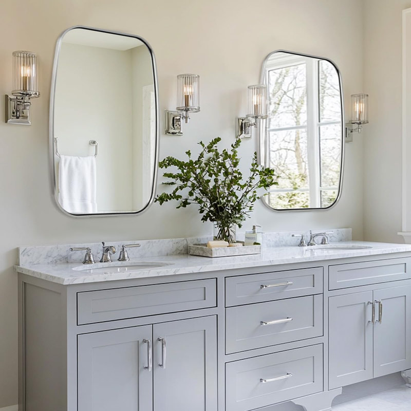 Contemporary Oblong Bathroom Vanity Mirror | Stainless Steel Thick Frame, 36" x 24", Brushed Nickel
