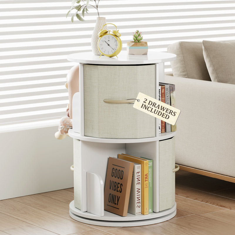 Rotating Bookshelf Tower, Solid Wood Rotating Bookshelf, 2 Tier Spinning Bookshelf With 2 Drawers, 360 Display Revolving Bookcase For Kids&adults, Round Corner Book Shelf For Bedroom, Living Room