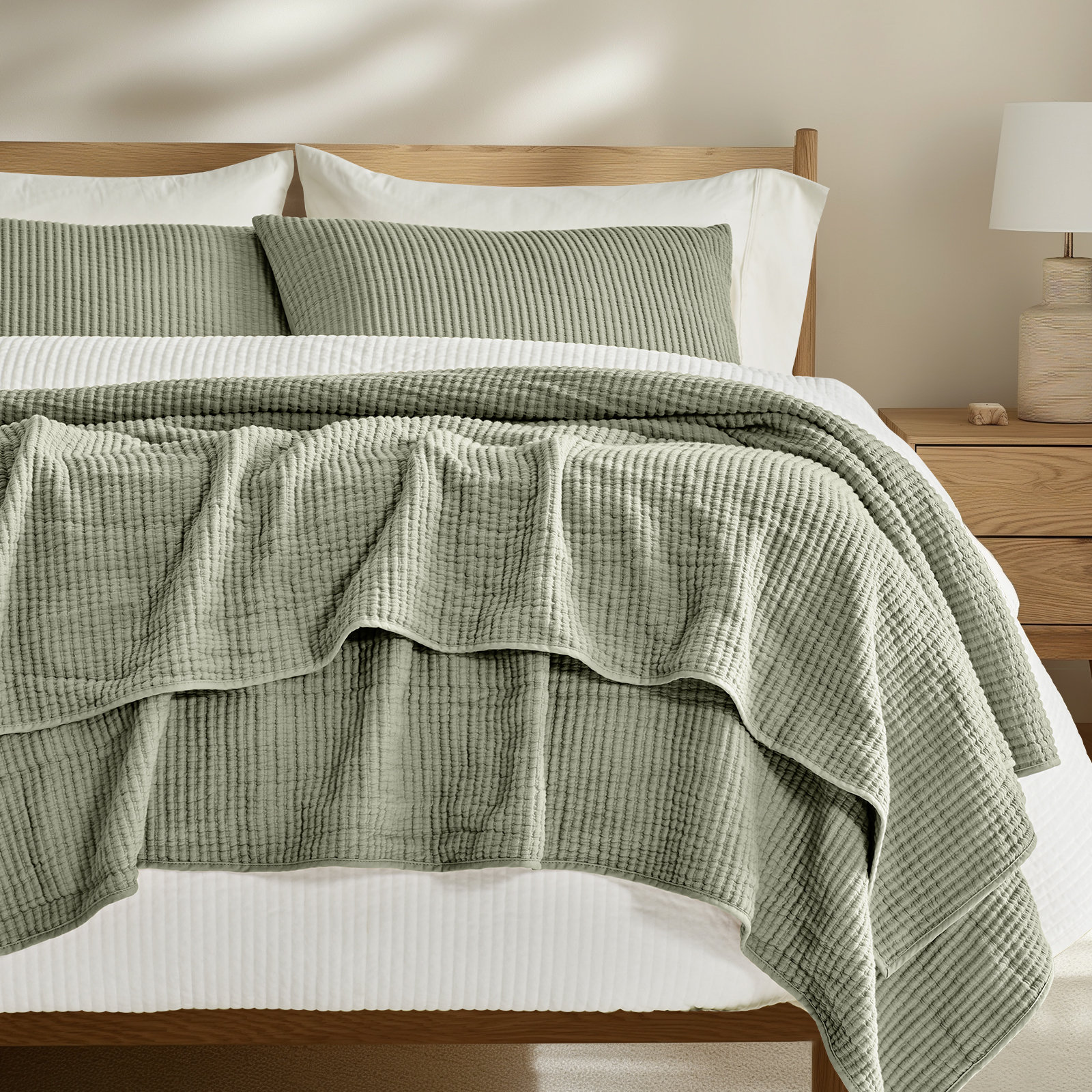 Ribbed Matelassé Cotton Coverlet Set, King Quilt + 2 King Shams, Sage Green