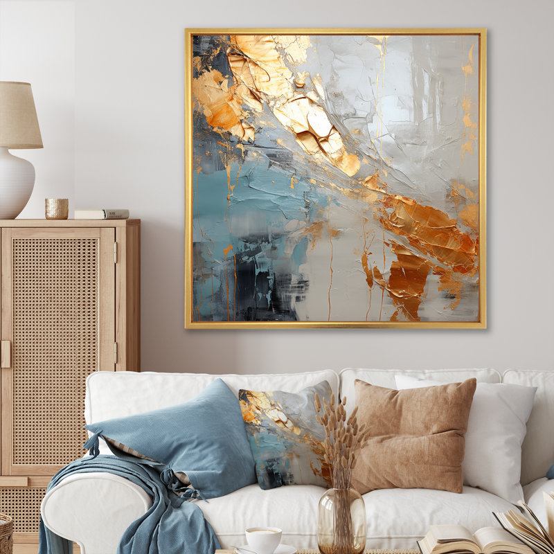 Or et gris, formes liquides modernes III - décoration murale abstraite, Cadre flottant doré, 30" H x 30" W