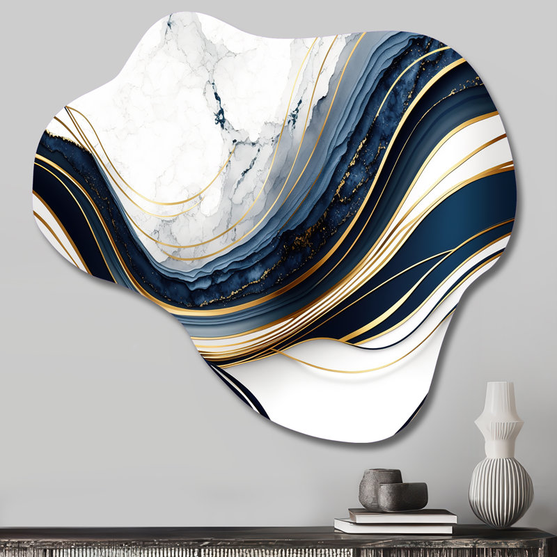 Abstrait géométrique vagues bleues et dorées III - Art mural abstrait asymétrique en métal, sculpture murale en métal nuage
