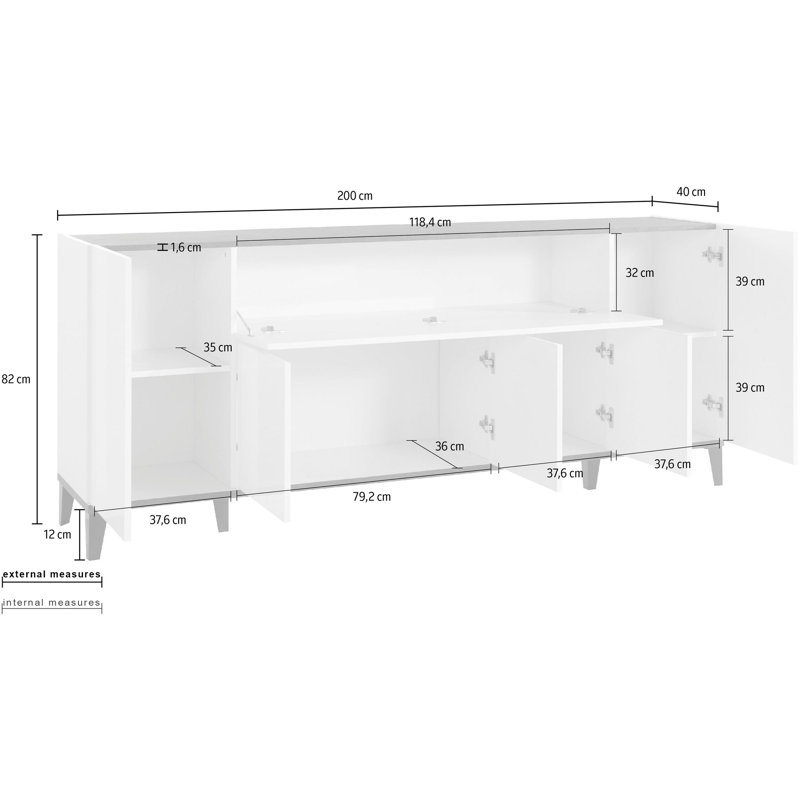 Hodapp 200cm Sideboard, White Glossy/Slate