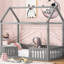 Lit simple en bois avec clôture et porte en bois de pin gris-130040617-130040618
