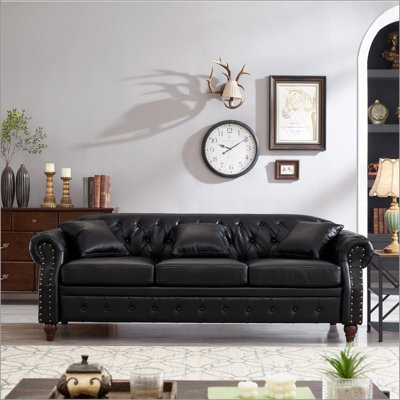 Sofas for Living Room, 85.8” Classic Tufted Chesterfield with Storage | Black | Technical Leather