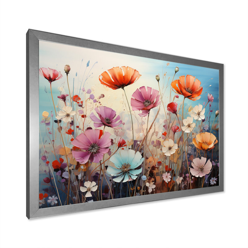 Symphonie florale sauvage, pointillisme, H 34 po x l 44 po x P 1,5 po, Cadre simple argenté
