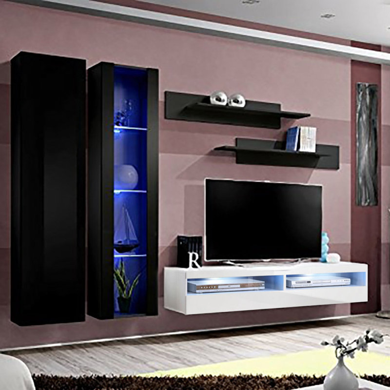 Meuble audio-vidéo mural flottant moderne de 100 po avec éclairage à DEL 16 couleurs, finition ultrabrillante, Noir / Blanc